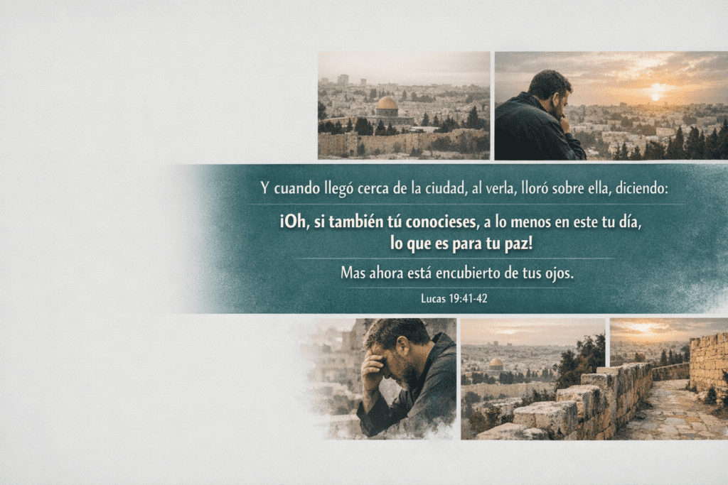 Y cuando llegó cerca de la ciudad, al verla, lloró sobre ella, diciendo: iOh, si también tú conocieses, a lo menos en este tu día, lo que es para tu paz!