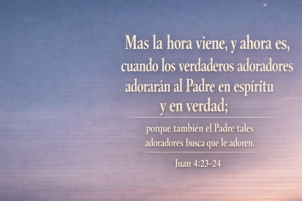 Mas la hora viene, y ahora es, cuando los verdaderos adoradores adorarán al Padre en espíritu y en verdad; porque también el Padre tales adoradores busca que le adoren.