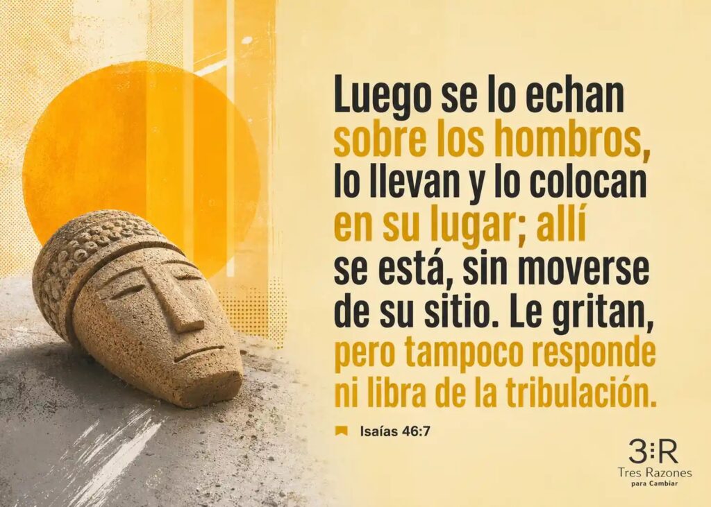 Luego se lo echan sobre los hombros, lo llevan y lo colocan en su lugar; allí se está, sin moverse de su sitio. Le gritan, pero tampoco responde ni libra de la tribulación.