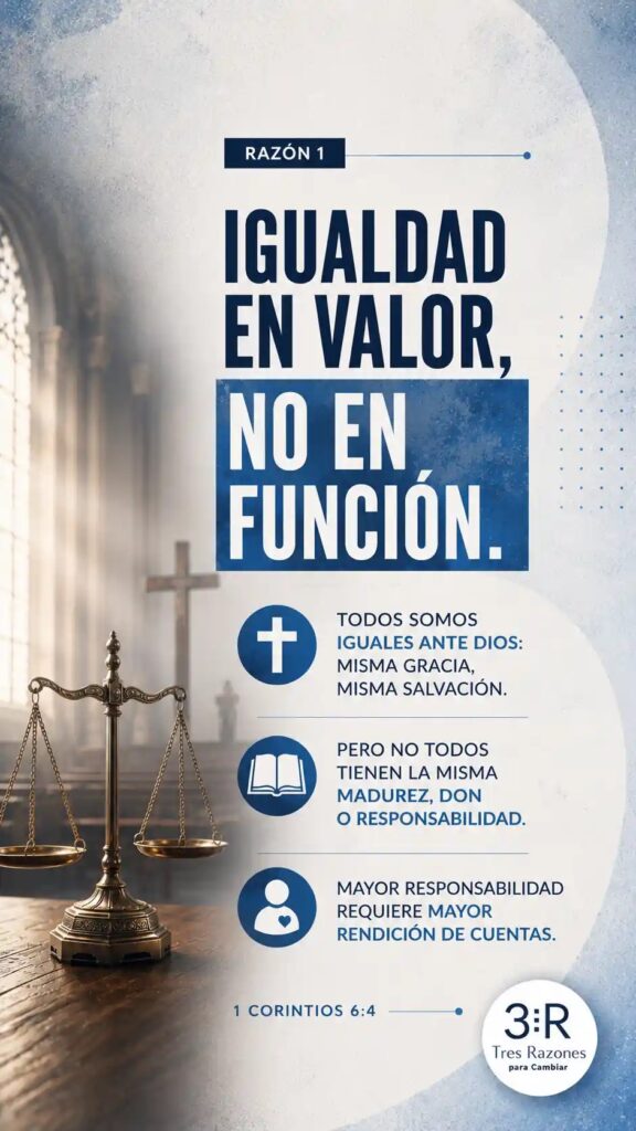 Razon 1: Igualdad en valor, no en función. + Todos somos iguales ante Dios: Misma gracia, misma salvación. Pero no todos tienen la misma madurez, don o responsabilidad.