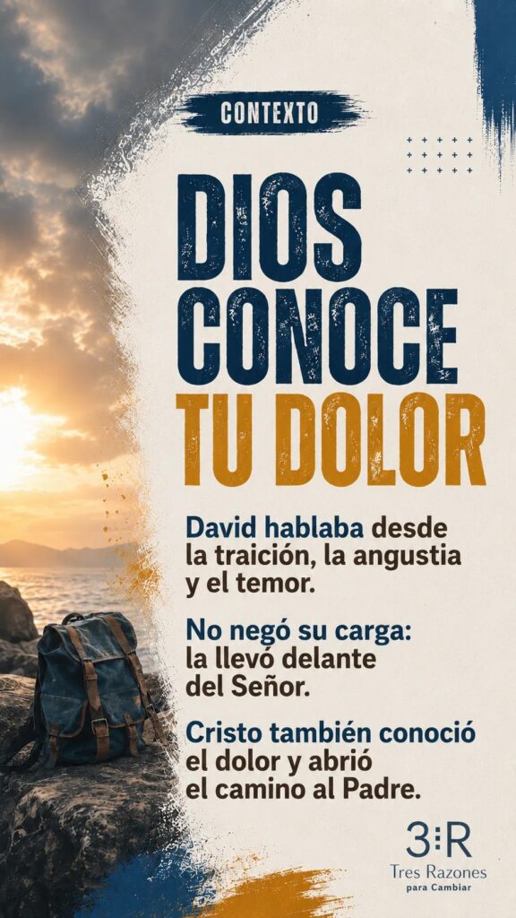 Contexto: Dos conoce tu dolor. David hablaba desde la traición, la angustia y el temor. No negó su carga: la llevó delante del Señor.