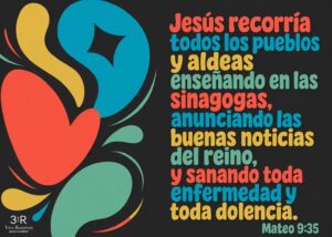 Imagen destacada del devocional «Sigue recorriendo los corazones», con referencia a Mateo 9:35.