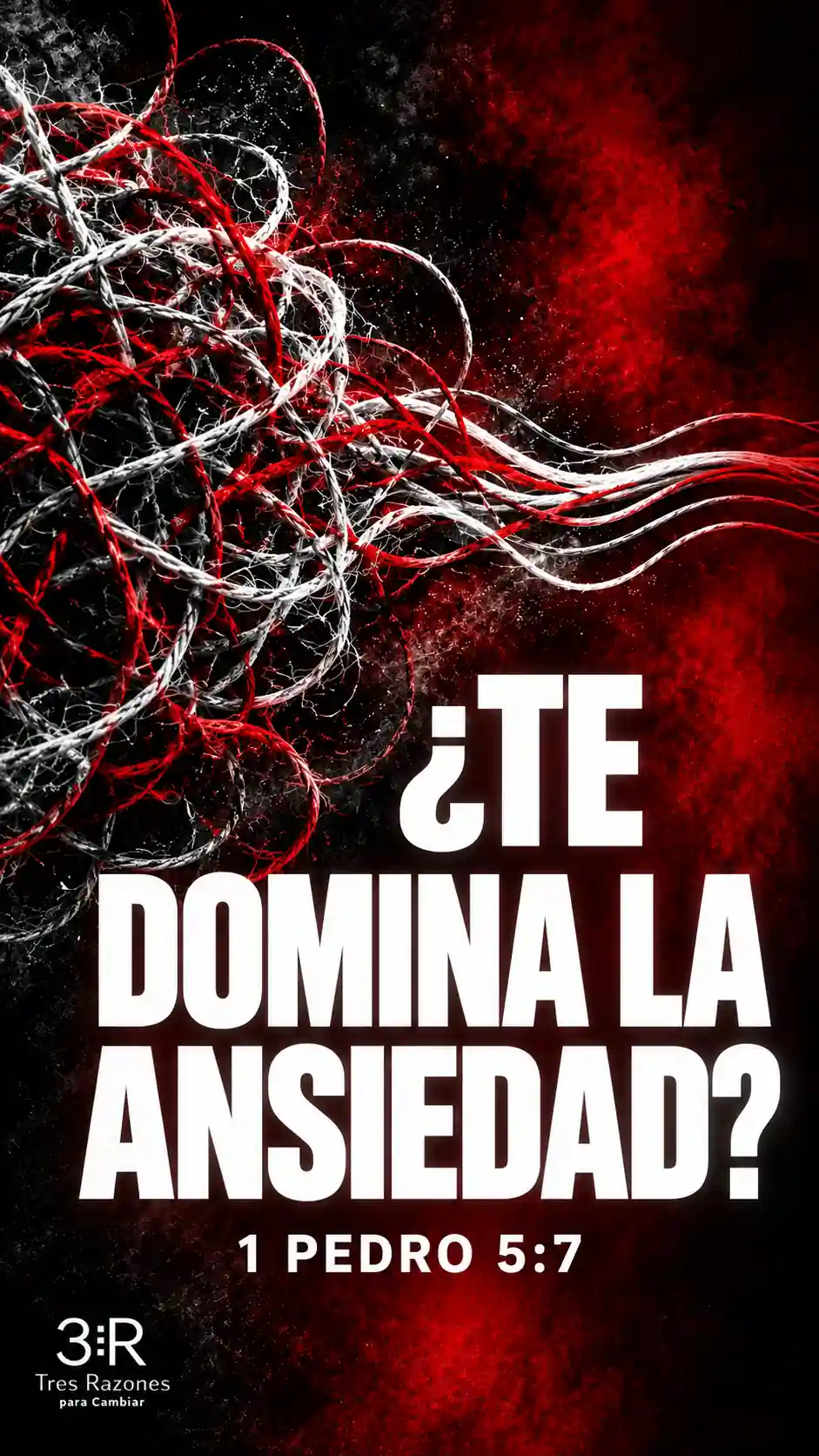 Portada vertical «¿Te domina la ansiedad?» con líneas abstractas rojas y blancas sobre fondo negro; 1 Pedro 5:7.