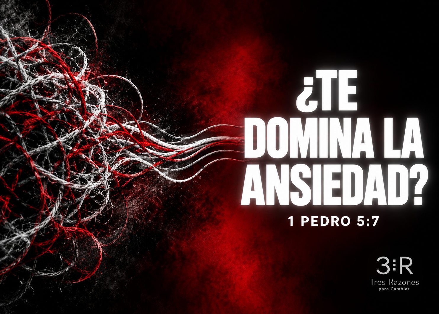 Portada horizontal de «¿Te domina la ansiedad?» con líneas abstractas rojas y blancas sobre fondo negro; 1 Pedro 5:7.