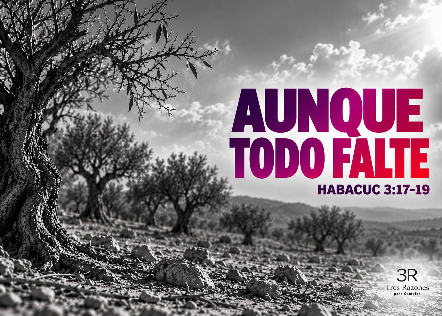 Portada social de «Aunque todo falte» con un olivar seco y Habacuc 3:17-19.