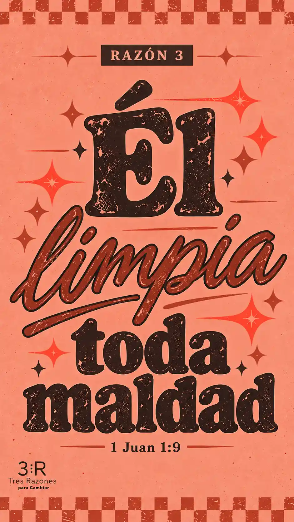 Razón 3: «Él limpia toda maldad», en letras grandes sobre fondo coral. 1 Juan 1:9.