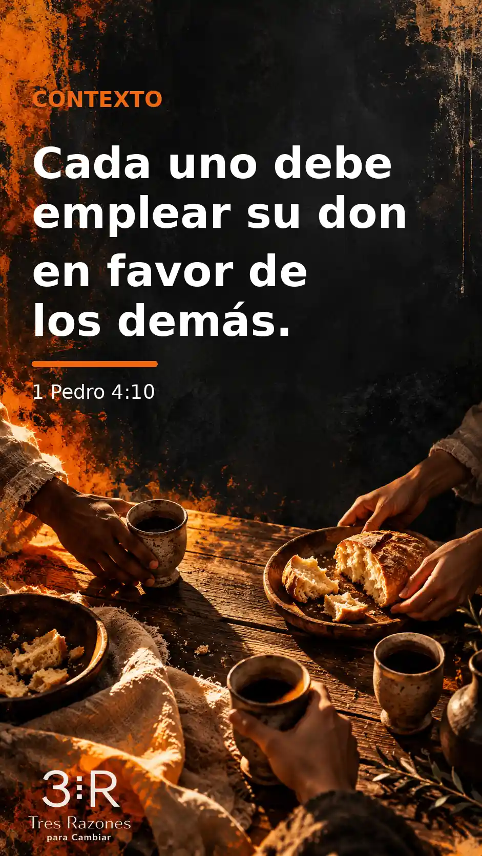 Contexto de 1 Pedro 4:10: creyentes comparten pan alrededor de una mesa.