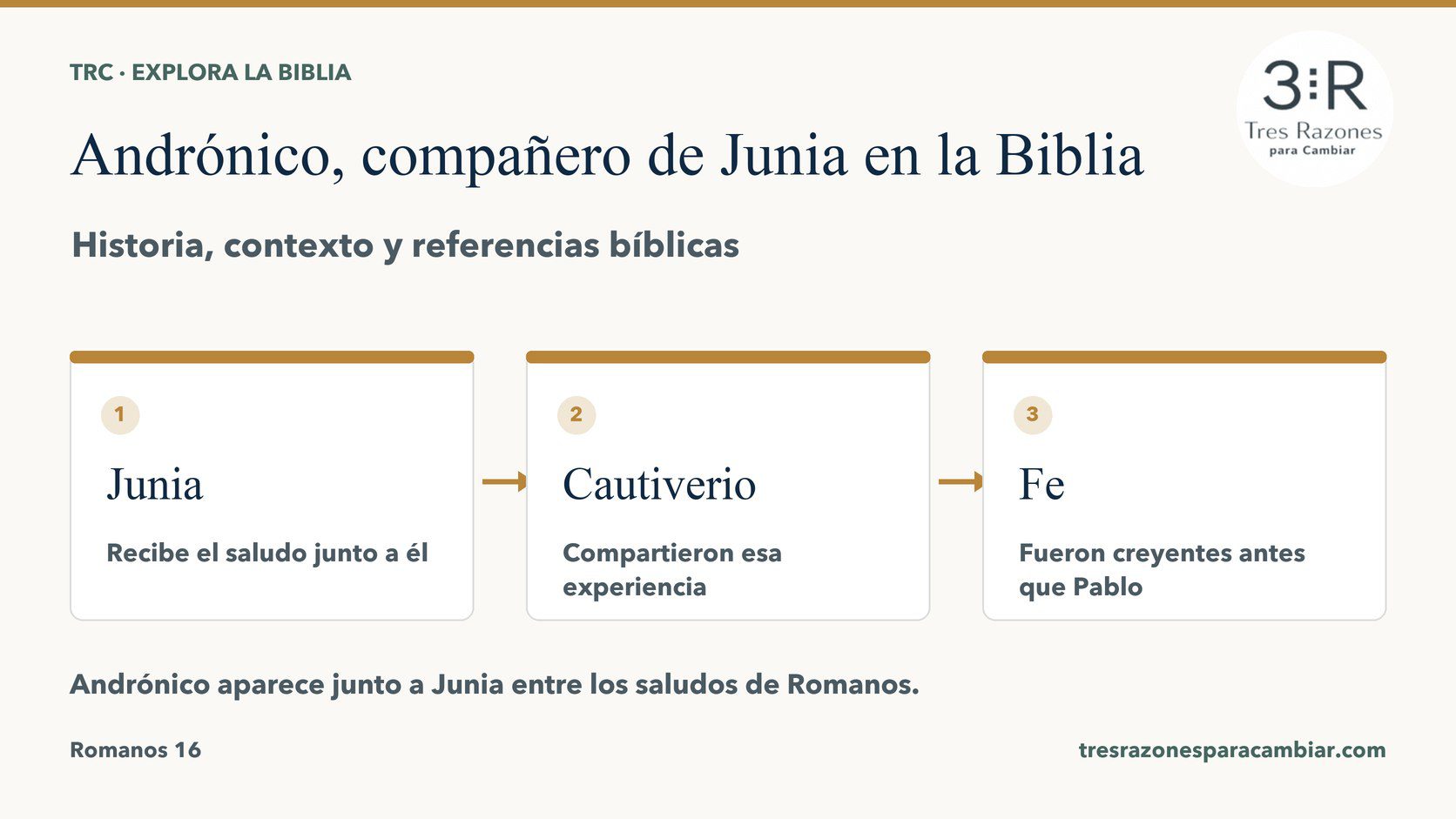 Infografía de Andrónico, compañero de Junia: Junia — Recibe el saludo junto a él; Cautiverio — Compartieron esa experiencia; Fe — Fueron creyentes antes que Pablo.
