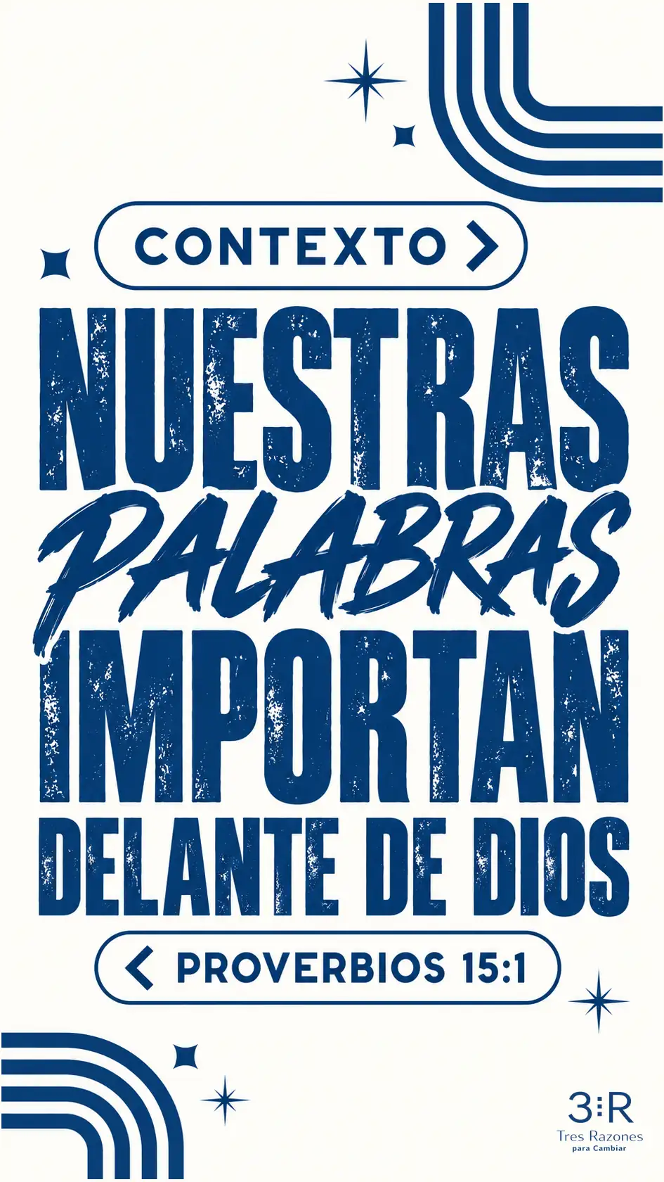 Cartel CONTEXTO con «Nuestras palabras importan delante de Dios», Proverbios 15:1, en azul y crema; logo TRC.