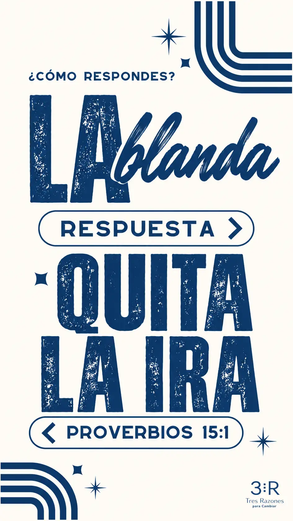 Cartel vertical azul retro con «La blanda respuesta quita la ira», título ¿Cómo respondes? y Proverbios 15:1; logo TRC.