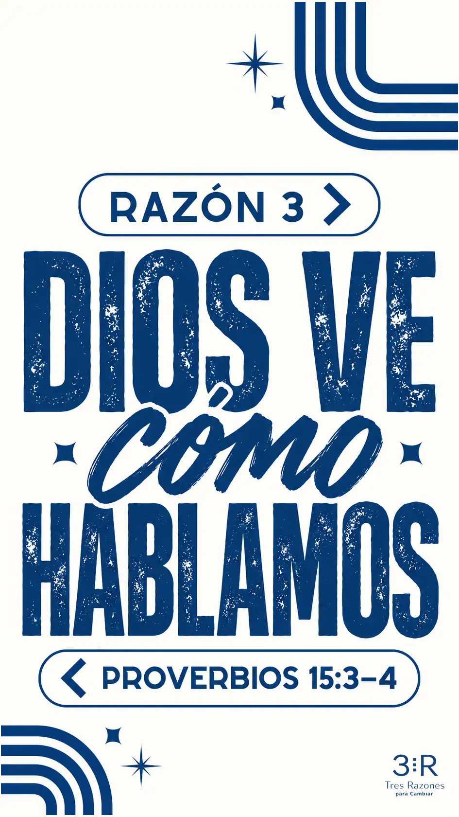 Cartel RAZÓN 3: «Dios ve cómo hablamos», Proverbios 15:3–4, en azul y crema; logo TRC.
